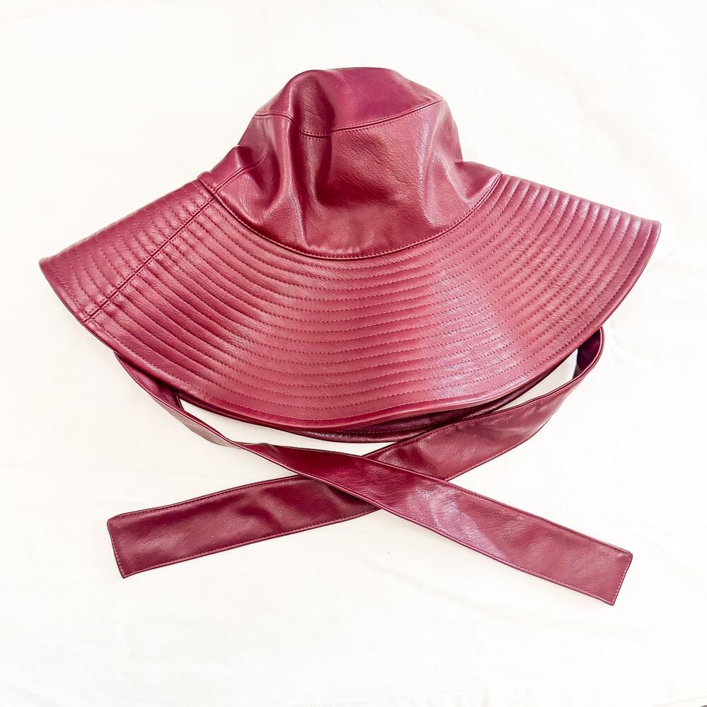 & Other Stories Burgundy Faux Leather Bucket Hat Wide Topstitch Brim Side Straps